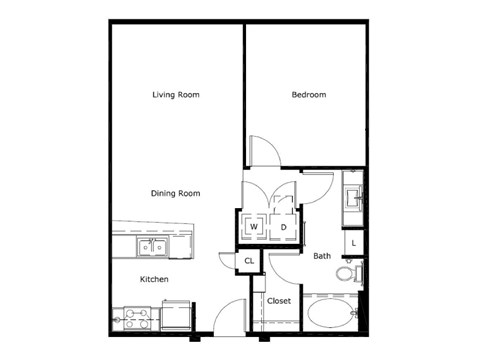 Floor plan for 1 bed, 1 bath, 742 sqft